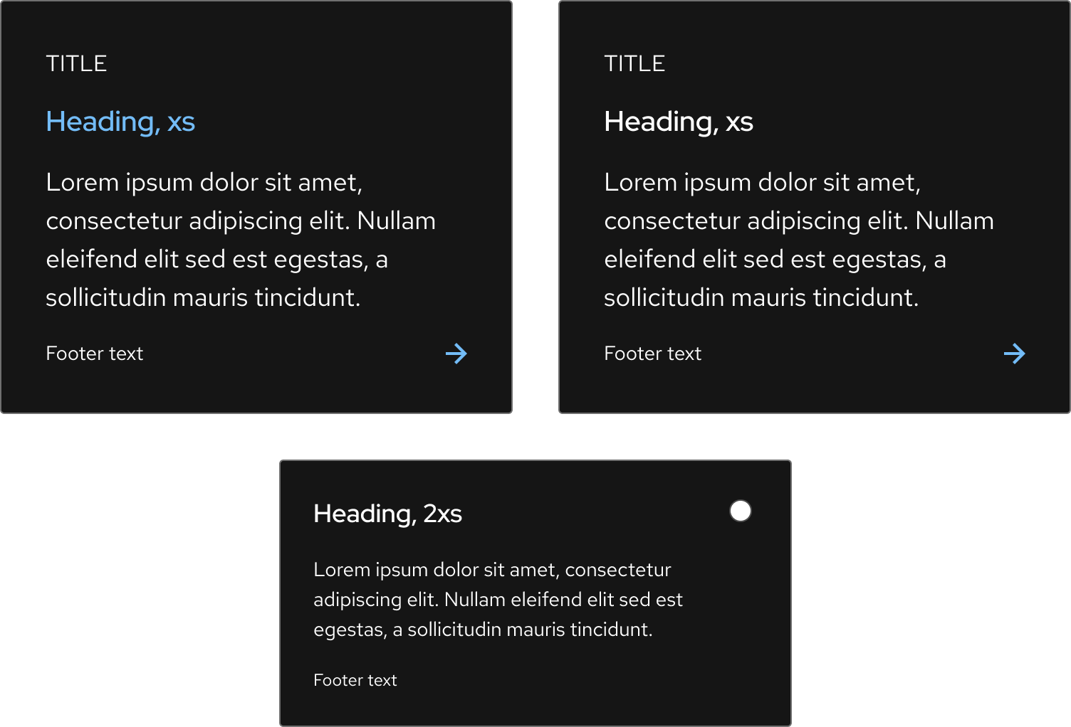 Dark scheme tiles use a dark gray background, blue or white heading, white text, and a light blue arrow icon